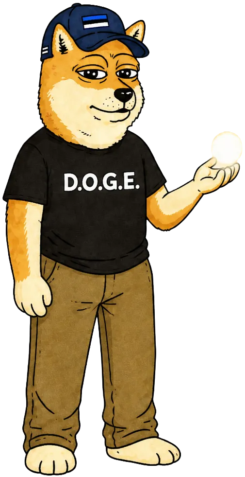 DOGEstonia mascot with glowing orb against Tallinn Old Town backdrop